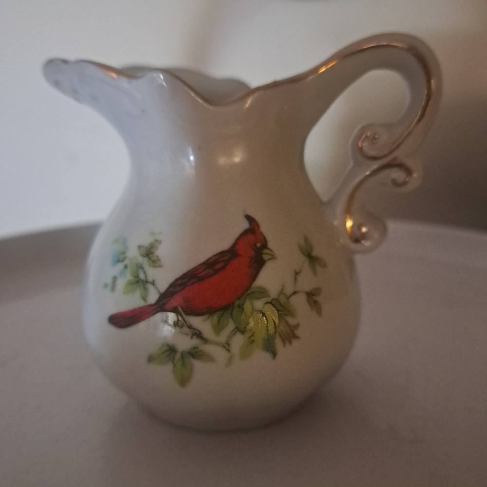 Vtg 1970's Lefton Cardinal Bird Theme Porcelain Mini Pitcher/Creamer Set W/Plate